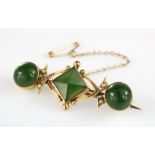 9ct jadeite and seed pearl set bar brooch with safety chain, weight 4.6g