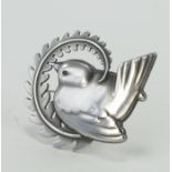 Georg Jensen silver brooch (no. 309), depicting a bird surrounded by a fern leaf, makers marks