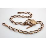 9ct gold "T" bar pocket watch chain with fob attached. Approx length 42cm, total weight 45.9g
