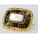 Yellow metal Rectangular Mourning Brooch set with Mother of Pearl and black enamel weight 14.5g