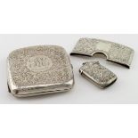 Three Floriate engraved silver items, cigarette case, vesta and card case - various hallmarks.