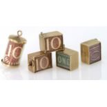 Five 9ct Gold Paper Money Charms 10/- and £1 Notes weight 12.9g