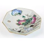 Chinese Famille Rose (?) octagonal dish on a pedestal base, circa 1820, stamps to base, diameter
