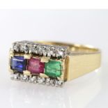 14ct Gold Ring marked 585 set with Sapphire/Ruby/Emerald with Diamonds size M weight 5.0g