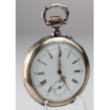 Gents white metal cased open face pocket watch by Longines (circa 1910). The white dial with roman