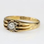 18ct Yellow Gold gypsy Ring with fluted shoulders set with single Diamond weighing approx. 0.25ct,