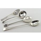 Mixed lot of silver flatware comprising - sauce ladle, jam spoon and two other silver spoons.