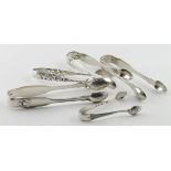 Five pairs of Victorian silver sugar tongs, three are Fiddle, Shell & Thread pattern and probably