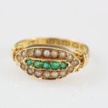 15ct yellow gold emerald and seed pearl dress ring, finger size M weight 2.9g