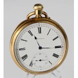 Mid-size 18ct open face pocket watch, hallmarked Birmingham 1869. The white dial by Platnauer with