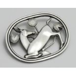 Georg Jensen silver oval brooch (no. 256), depicting a deer surrounded by flowers, makers marks