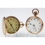 Two gents gold plated pocket watches, one open face with the other being a full hunter. Both
