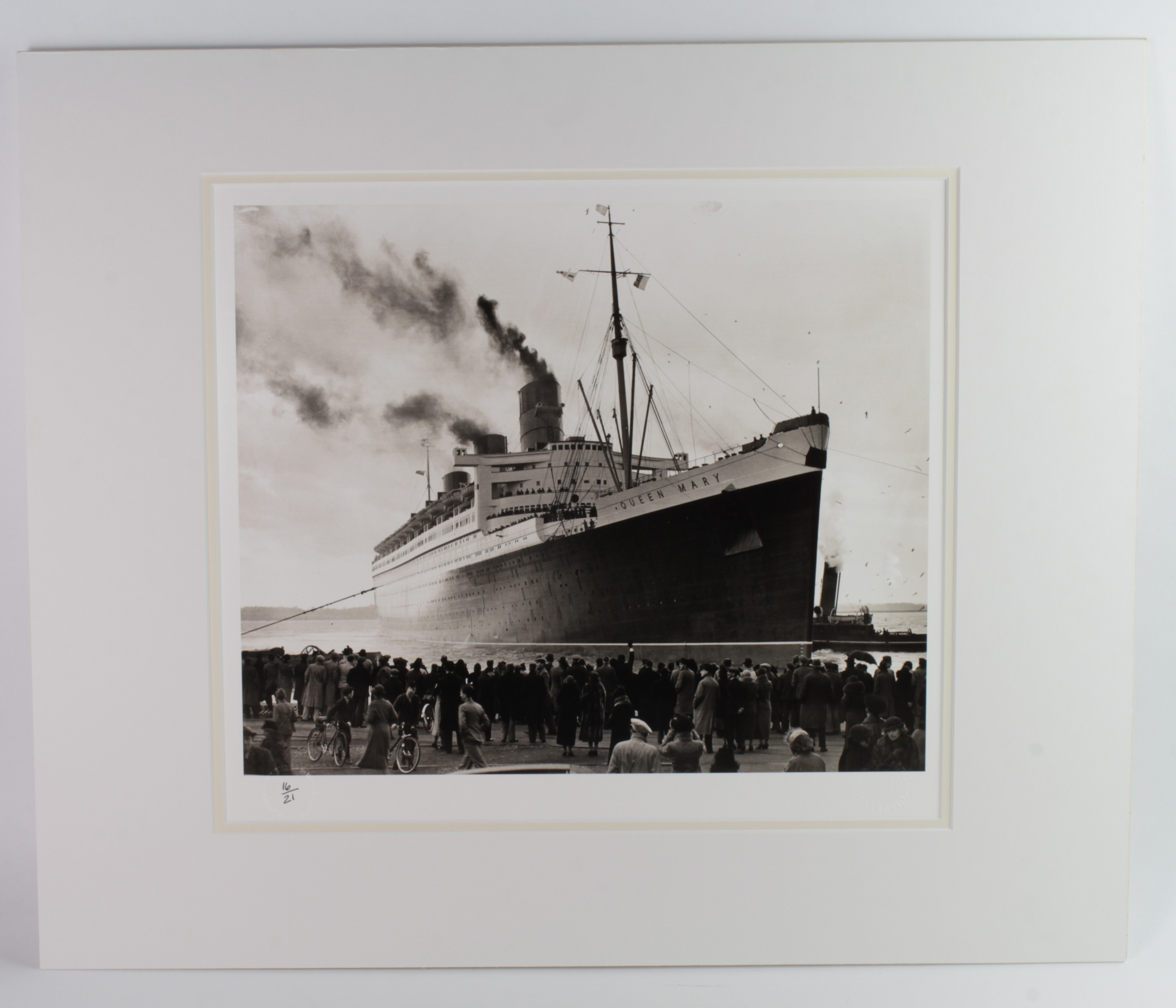 Shipping, R.M.S. Queen Mary, 16 x 20" photograph of the ship leaving Southampton 17th February 1937,