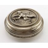 Continental silver snuff box, flying cherub on lid - worn marks on lid and the bottom of the base.