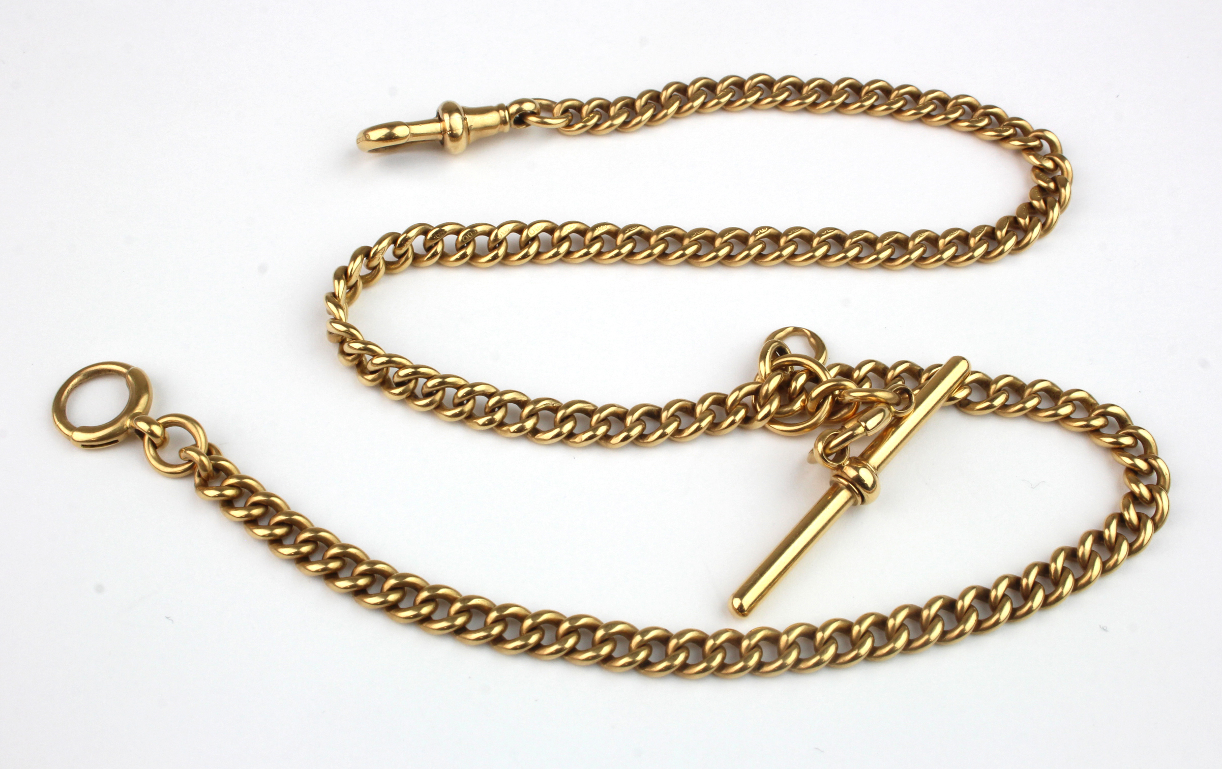 18ct gold "T" bar pocket watch chain. Approx length 42m, total weight 45.3g