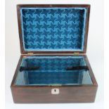 Oak jewellery box with mother of pearl inlay, internally lined with blue velvet, height 12cm,