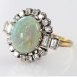 Yellow metal (tests 9ct) and Platinum Ring set with Large Opal and Diamonds size N weight 6.7g