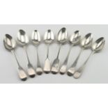 Eight silver teaspoons, four old English pattern plus four Fiddle pattern comprising seven