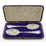 Boxed pair of silver Georgian, Hanoverian berry spoons hallmarked London, 1750. Maker - JG .