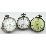 Three gents silver open face pockets watches, hallmarks include London 1879 & Birmingham 1900