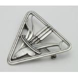 Georg Jensen silver triangular brooch (no. 257), depicting a dolphin & bulrushes, makers marks