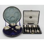 Three silver salts plus two silver salt spoons (boxed) - (should be a set of four). Hallmarked JWFCW