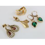 Four pairs of earrings to include 22ct two colour post and clip stud earrings, weight 4.4g. Two