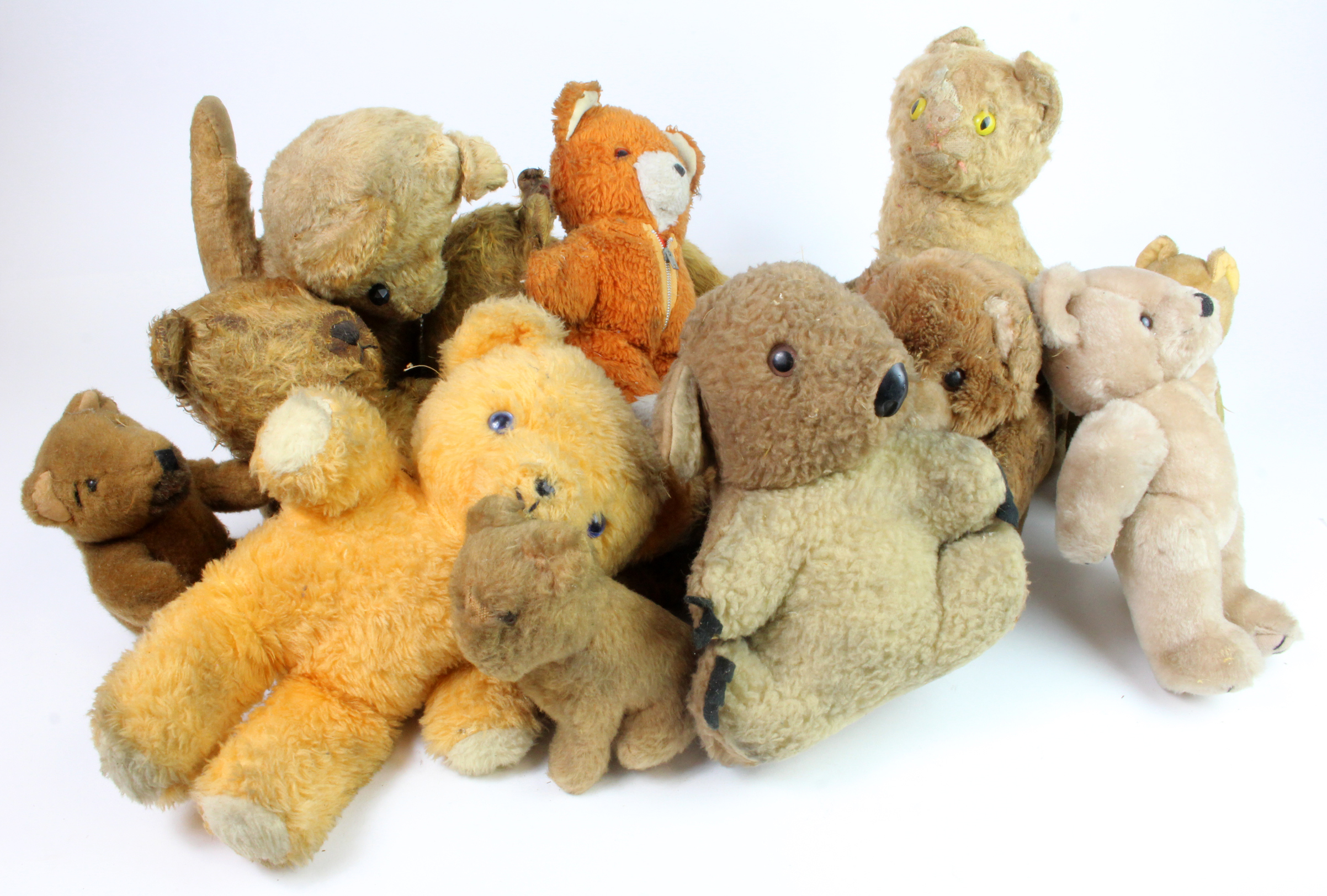 Teddy Bears. A box of approximately twelve old teddy bears (sold as seen)