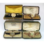 Four ladies 9ct cased wristwatches (one with a 9ct bracelet), probably circa 1940s - 1950s. In