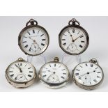 Five Gents Silver open face pocket watches.
