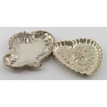 Two small silver pin trays - one is heart shaped. Hallmarked D&F, Birmingham 1896 and R.P. London,