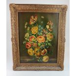 Flowers in Vase, unsigned, oil on canvas in ornate gilt frame (24” x 29.5” with frame)