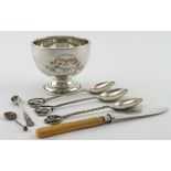 Mixed lot of silver comprising small silver bowl, five spoons and a silver bladed butter knife -