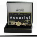 Ladies 9ct cased quartz wristwatch by Accurist, circa 1993, on a 9ct gold bracelet. Boxed with