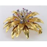 18ct Gold hallmarked Flower Brooch set with Diamond/Sapphires Rubies weight 11.9g