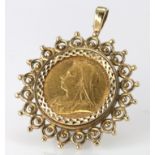 Victoria old head Sovereign dated 1893 (Sydney Mint) in a 9ct pendant mount, total weight 13.3g