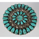 Sterling Silver Navajo Turquoise cluster brooch signed "JWMS" approx 75mm dia