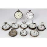 Ten Silver cased small to mid-size open face pocket watches.