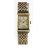 Gents 9ct cased Helvetia wristwatch circa 1948/9. The rectangular dial with gilt arabic numerals and