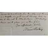 Hastings (Warren, 1732-1818). An original two-sided manuscript letter signed by Warren Hastings,