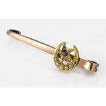 Bar brooch marked 9ct set with Sapphire and Seed pearls weight 1.8g