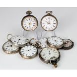 Nine small / mid-size silver cased pocket watches.