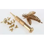 9ct Gold Propelling Pencil and two Leaf style Brooches weight 16.4g (3)
