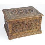 Ornately carved wood tea caddy, decorated with various animals, including deer, fish, horses etc.,