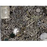 Vast assortment of silver / gold plated / white metal pocket watch chains some with fobs attached (