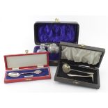 Three boxed items, comprising a silver Elizabeth II Jubilee spoon, hallmarked Birm. 1977; a silver
