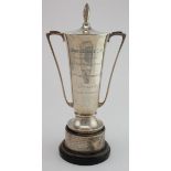 Silver Motor Vehicle Craftsman Course Trophy with lid, hallmarked 'A.E.J, Birmingham 1959', engraved