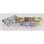 Four 9ct Gold hallmarked Amethyst/Tanzanite and Aquamarine Rings weight 7.7g