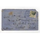 GB postal history 1879 cover to Brazil franked 1877 4d sage-green Plate 16, SG.153, with Cardigan