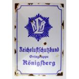 German Nazi white and blue enamelled sign 'RLB' 'Reichsluftschutzbund Ortsgruppe Konigsberg'. (